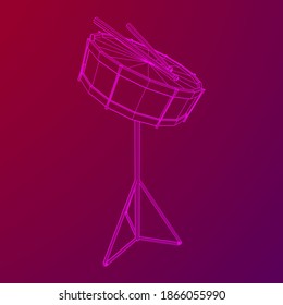 Musical instruments set. Rock band kit. Percussion musical instrument drum and stick. Wireframe low poly mesh vector illustration.