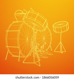 Musical instruments set. Rock band drum kit. Percussion musical instrument drums, stick and cymbal. Wireframe low poly mesh vector illustration.