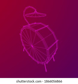 Musical instruments set. Rock band drum kit. Percussion musical instrument drums and cymbal. Wireframe low poly mesh vector illustration.