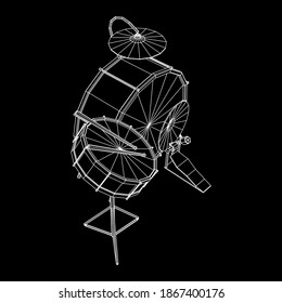 Musical instruments set. Rock band drum kit. Percussion musical instrument drums, stick and cymbal. Wireframe low poly mesh vector illustration.