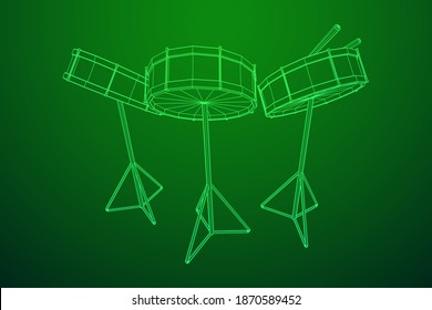 Musical instruments set. Rock band kit. Percussion musical instrument drum and stick. Wireframe low poly mesh vector illustration.
