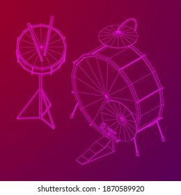 Musical instruments set. Rock band drum kit. Percussion musical instrument drums, stick and cymbal. Wireframe low poly mesh vector illustration.