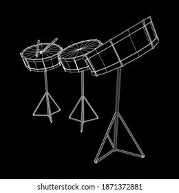 Musikalische Instrumente Set. Rock-Band-Kit. Percussion musical Instrument Drum and stick. Wireframe Low-Poly-Mesh, Vektorgrafik.