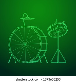 Musical instruments set. Rock band drum kit. Percussion musical instrument drums, stick and cymbal. Wireframe low poly mesh vector illustration.