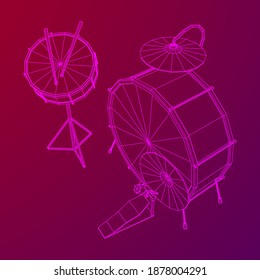Musical instruments set. Rock band drum kit. Percussion musical instrument drums, stick and cymbal. Wireframe low poly mesh vector illustration.