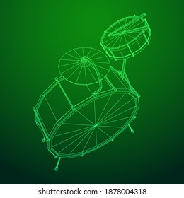 Musical instruments set. Rock band drum kit. Percussion musical instrument drums, stick and cymbal. Wireframe low poly mesh vector illustration.