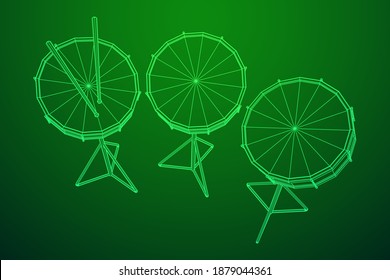 Musical instruments set. Rock band kit. Percussion musical instrument drum and stick. Wireframe low poly mesh vector illustration.