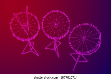 Musical instruments set. Rock band kit. Percussion musical instrument drum and stick. Wireframe low poly mesh vector illustration.