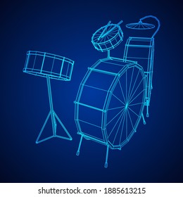 Musical instruments set. Rock band drum kit. Percussion musical instrument drums, stick and cymbal. Wireframe low poly mesh vector illustration.