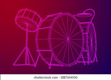 Musical instruments set. Rock band drum kit. Percussion musical instrument drums, stick and cymbal. Wireframe low poly mesh vector illustration.