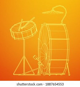 Musical instruments set. Rock band drum kit. Percussion musical instrument drums, stick and cymbal. Wireframe low poly mesh vector illustration.