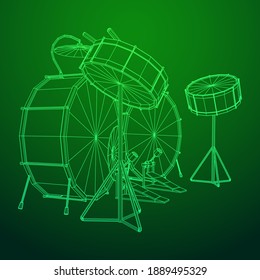 Musical instruments set. Rock band drum kit. Percussion musical instrument drums, stick and cymbal. Wireframe low poly mesh vector illustration.