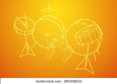 Musical instruments set. Rock band drum kit. Percussion musical instrument drums, stick and cymbal. Wireframe low poly mesh vector illustration.