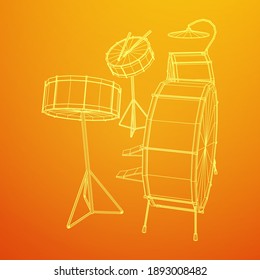 Musical instruments set. Rock band drum kit. Percussion musical instrument drums, stick and cymbal. Wireframe low poly mesh vector illustration.