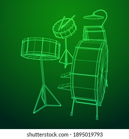 Musical instruments set. Rock band drum kit. Percussion musical instrument drums, stick and cymbal. Wireframe low poly mesh vector illustration.