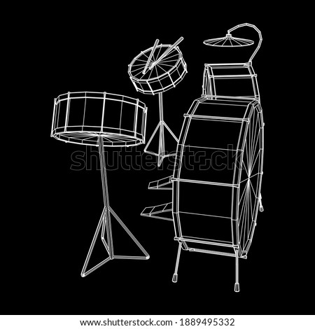 Musical instruments set. Rock band drum kit. Percussion musical instrument drums, stick and cymbal. Wireframe low poly mesh vector illustration.