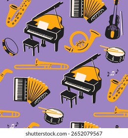 Musical instruments set. Musical school, band concept. Saxophone, trumpet, drum, flute, waldhorn, French horn, violin, piano, tambourine, accordion. Hand drawn Vector illustration. Seamless Pattern