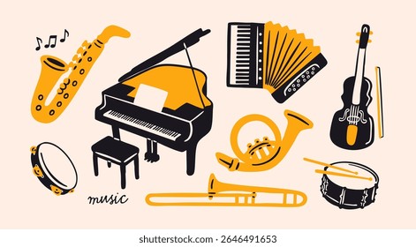 Conjunto de instrumentos musicais Conceito de escola musical. Saxofone, trompete, tambor, flauta, waldhorn, trompa francesa, violino, piano, pandeiro, acordeão. Ilustração de vetor desenhada à mão. Elementos de design isolados