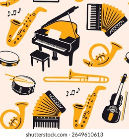 Muziekinstrumenten ingesteld. Muziekschool concept. Saxofoon, trompet, drum, fluit, waldhorn, hoorn, viool, piano, tamboerijn, accordeon. Handgetekende vectorillustratie. naadloos patroon