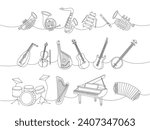 Musical instruments set. Tuba, trumpet, french horn, saxophone, xylophone, flute, lute, violin, bandura, acoustic guitar, american banjo, drum kit.