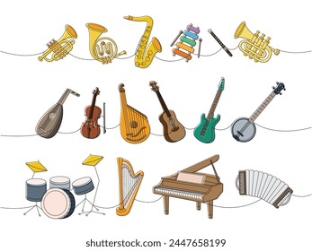 Musikinstrumentenset. Tuba, Trompete, Horn, Saxophon, Xylophon, Flöte, Laute, Violine, Bandura, Akustikgitarre, amerikanisches Banjo, Schlagzeug.