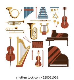 Musical instruments set. Violin and piano, drum and harp and others.