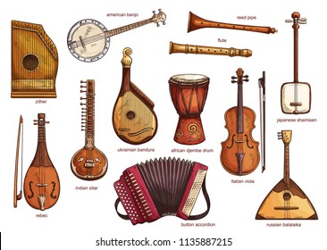 Musical instruments set zither and american banjo, reed pipe and flute. Classical music equipment collection rebac and indian siltar, ukrainian bandura and button accordion, african djembe drum vector