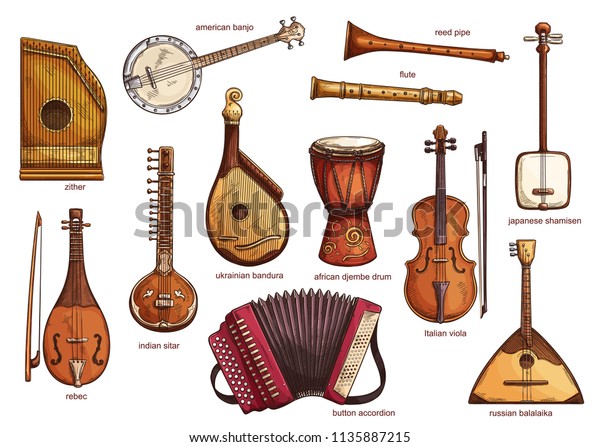 Musical instruments set zither and american banjo,\
reed pipe and flute. Classical music equipment collection rebac and\
indian siltar, ukrainian bandura and button accordion, african\
djembe drum vector