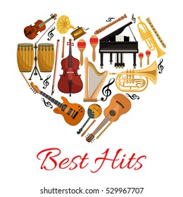 Musical instruments in shape of heart. Vector isolated icons string and wind musical instruments electric and acoustic guitar, saxophone, harp, drum cymbals , violin bow, trumpet, piano, maracas.