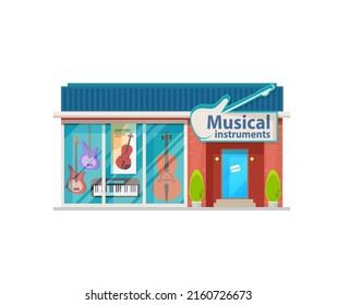 Musical Instruments Shop Building Showcase. City Local Business Building, Store Storefront With Big Signboard On Entrance, Electric Guitars, Synthesizer And Violin In Window