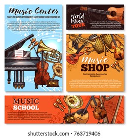 Musical instruments shop sale sketch posters and banners templates. Vector design of music piano, guitar and orchestra harp, trombone and drums or gramophone, flute and fiddle violin and maracas