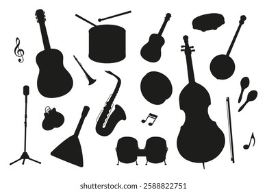 Musical instruments showcase with silhouette designs arranged creatively