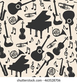 Musical instruments silhouette icons background seamless pattern 