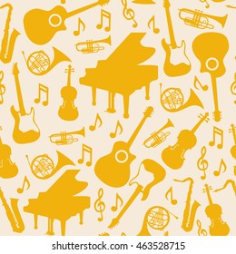 Musical instruments silhouette icons background seamless pattern 