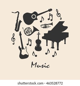 Musical instruments silhouette icons background 