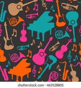 Musical instruments silhouette icons background seamless pattern 
