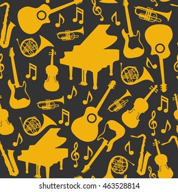 Musical instruments silhouette icons background seamless pattern 