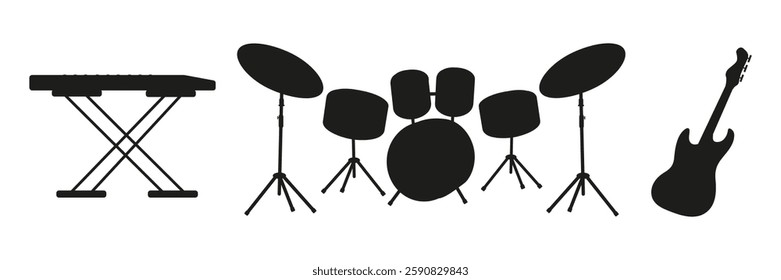 Musical instruments in silhouette showing a keyboard, drums, and guitar setup