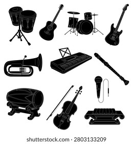 Musical Instruments Silhouette Vector Set Collection with Guitar, Drum, Keyboard, Violin, Microphone and Traditional Percussion Isolated on White 70