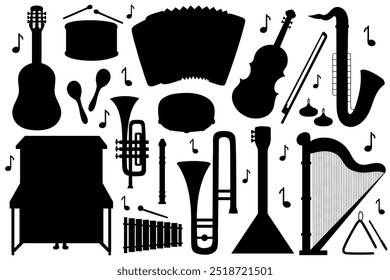 Musical instruments silhouettes collection. Set with music objects shadows with guitar, piano, drum, violin and more. Vector illustration