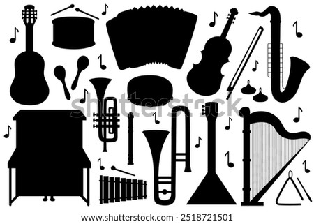 Musical instruments silhouettes collection. Set with music objects shadows with guitar, piano, drum, violin and more. Vector illustration