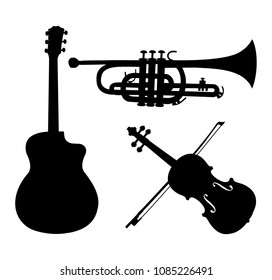 Musical instruments silhouettes, guitar, trumpet and violin. Black silhouettes on white background. Design elements for musical flyer, leaflet, concert program,