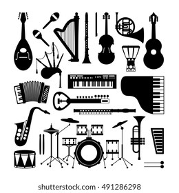 Musical instruments silhouettes isolated on white background. Vector illustration. Design elements for poster, banner, emblem. Modern flat style. Piano, bagpipes, saxophone, guitar, flute and other.