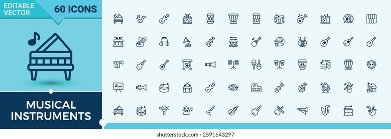 Musical Instruments simple icon. Included icons as violin, piano, bass, percussion, audio and more. Outline icon. Solid line editable stroke. Vector collection.