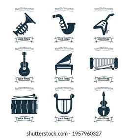 musical instruments simple vector icon set, guitar, drums, notes, headphones, microphone. musical instruments simple vector icon set, guitar, drums, notes, headphones, microphone. musical instruments 