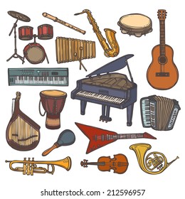 Musical instruments sketch colored icon set with flute trumpet xylophone isolated vector illustration