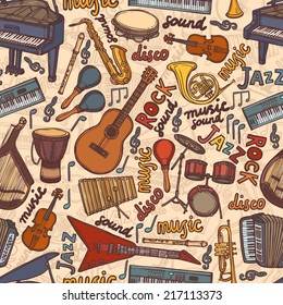 Musical instruments sketch colored seamless pattern vector illustration