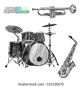 Musical instruments. Sketch hand drawn vector illustration. Engraving retro vintage style.