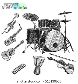 Musical instruments. Sketch hand drawn vector illustration. Engraving retro vintage style.