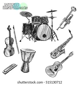 Musical instruments. Sketch hand drawn vector illustration. Engraving retro vintage style.